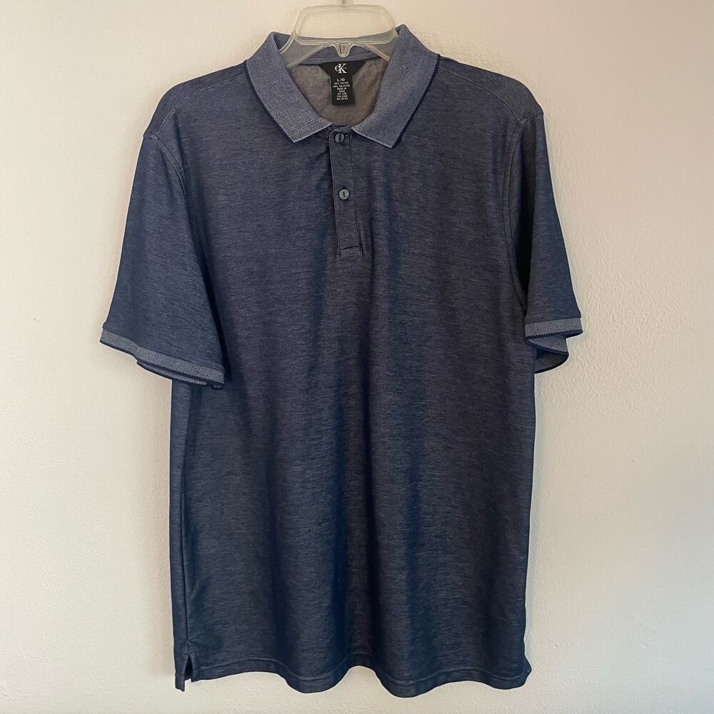 Calvin Klein Men's Large Blue chambray short sleeve polo shirt. Cotton/Polyester